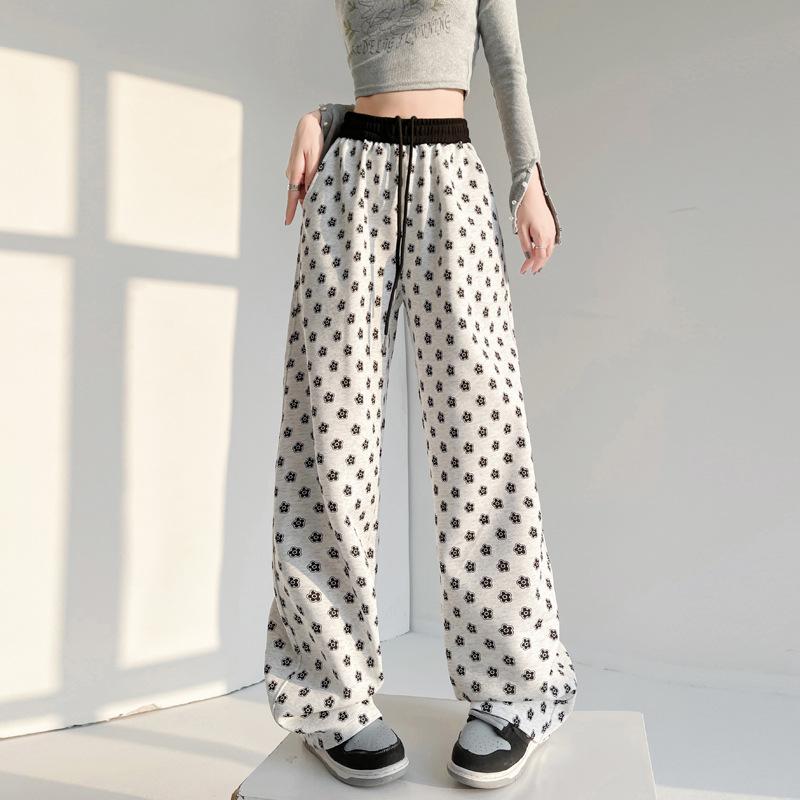 High-waist Drawstring Wide-leg Pants for Women's Spring New Printed Polka Dot Straight Pants Loose Casual Sports Pants