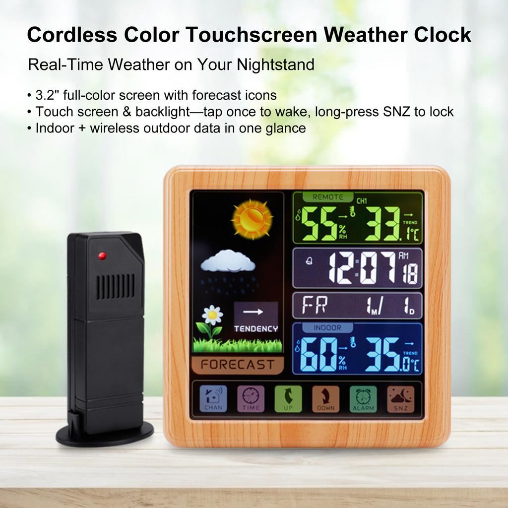 Cordless Weather Station Color Touchscreen Weather Clock Thermometer Hygrometer with Remote Sensor Temperature Humidity Meter