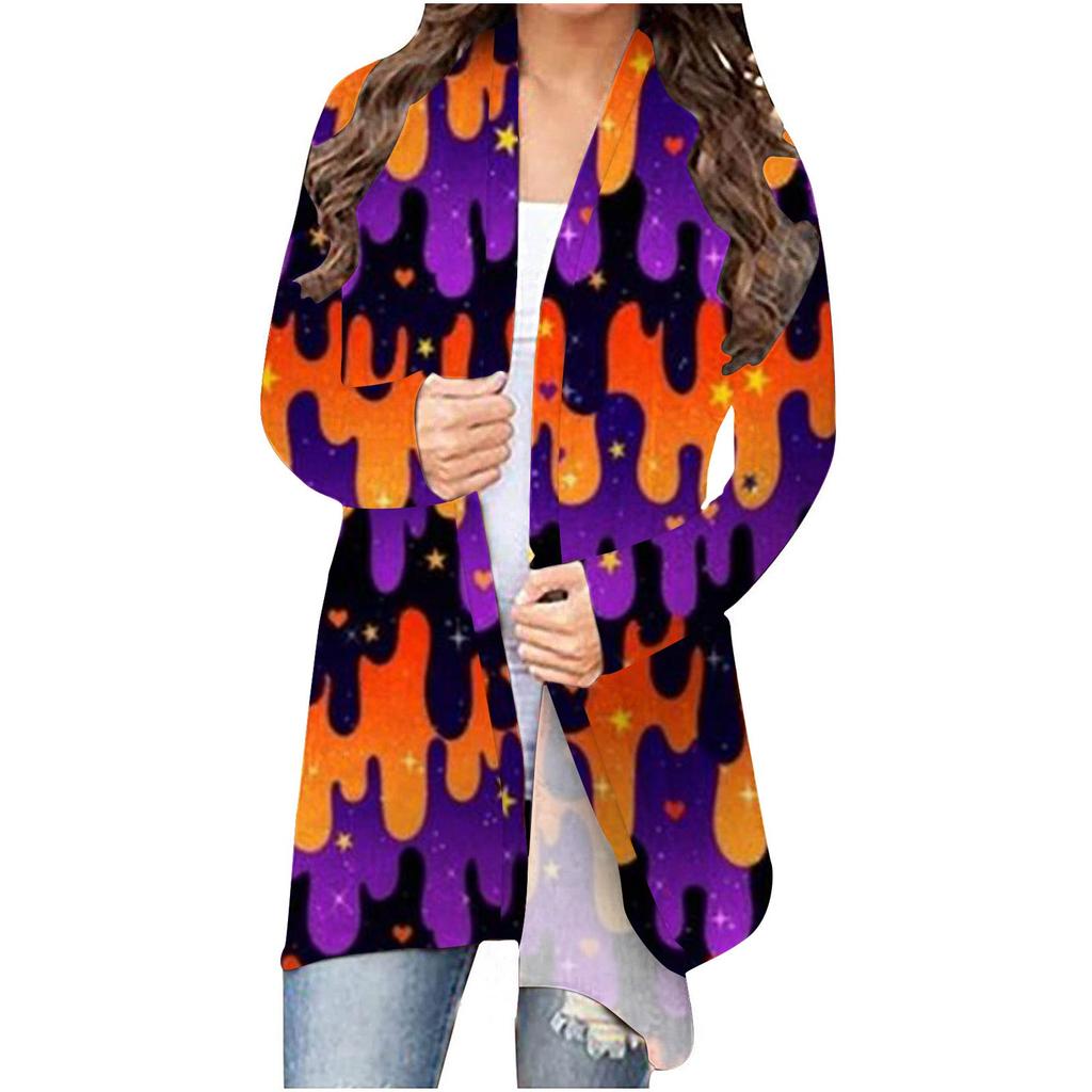 Women's Fashion Casual 2022 Halloween Print Medium Length Cardigan Jacket Coat