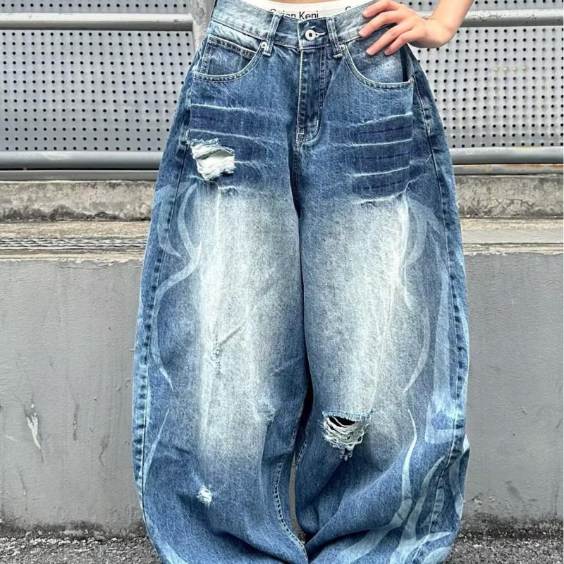 Men Women Classic Washed Distressed Straight Leg Denim Pants Loose Wide Cropped Tapered Fit Fall