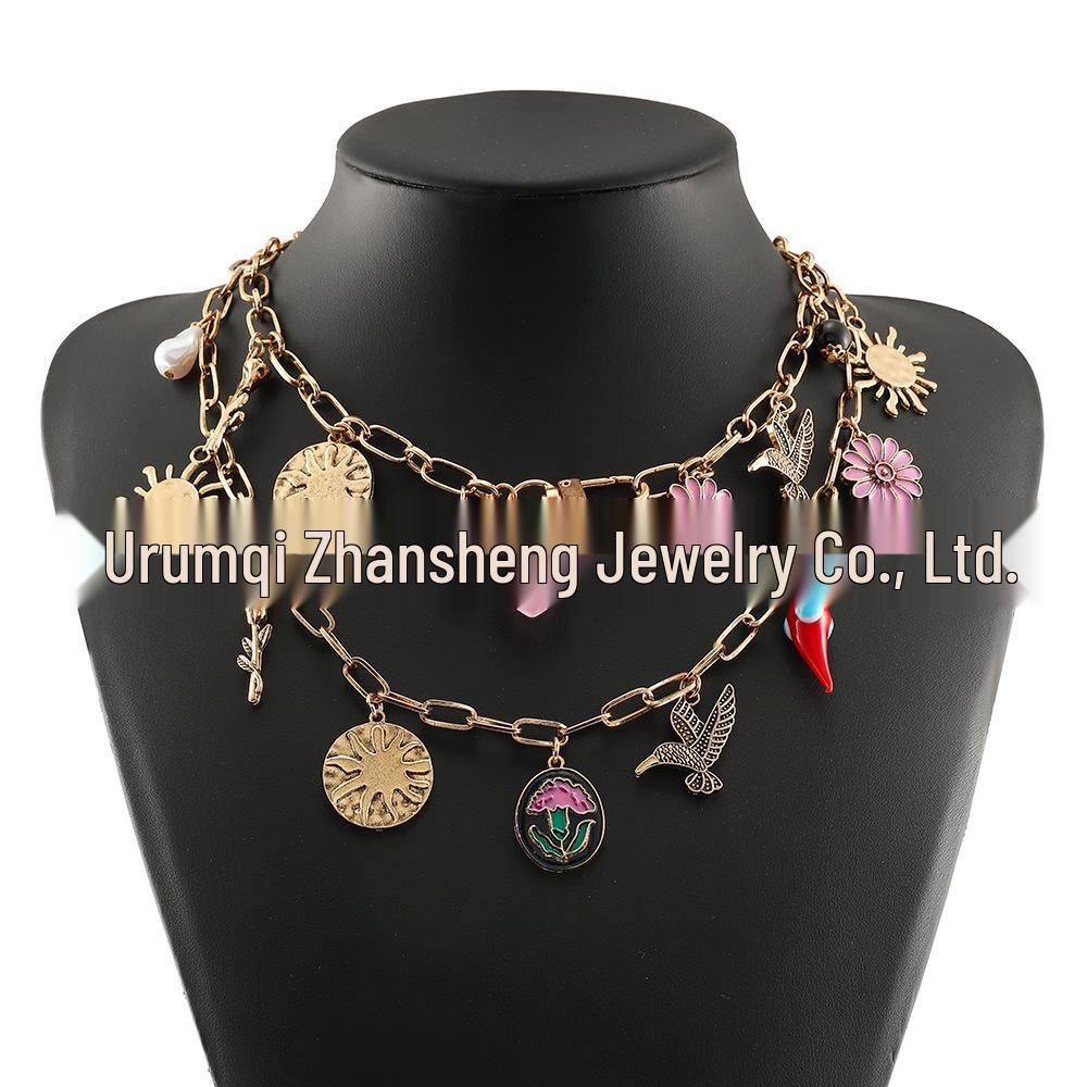 Bohemian Style Double Layer Stackable Necklace with Flying Bird, Sunflower, Flower, and Heart Pendants for Women