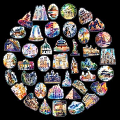 50 New High-value Building Landmark Graffiti Stickers Transparent Stickers Decorative Water Cups