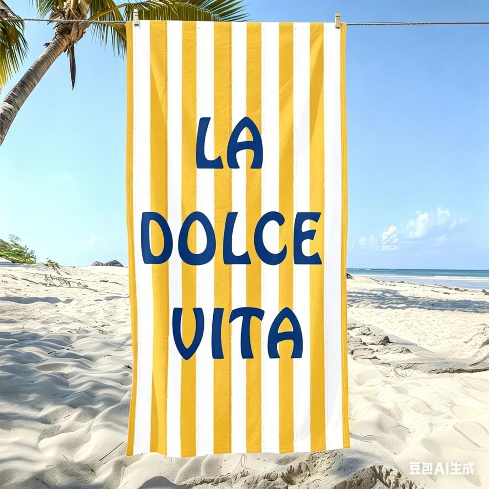 Extra Large Blue Striped Beach Towel, Oversized Microfiber Bath Towels, Aesthetic Italian Quote XL Summer Vacation Travel Towel
