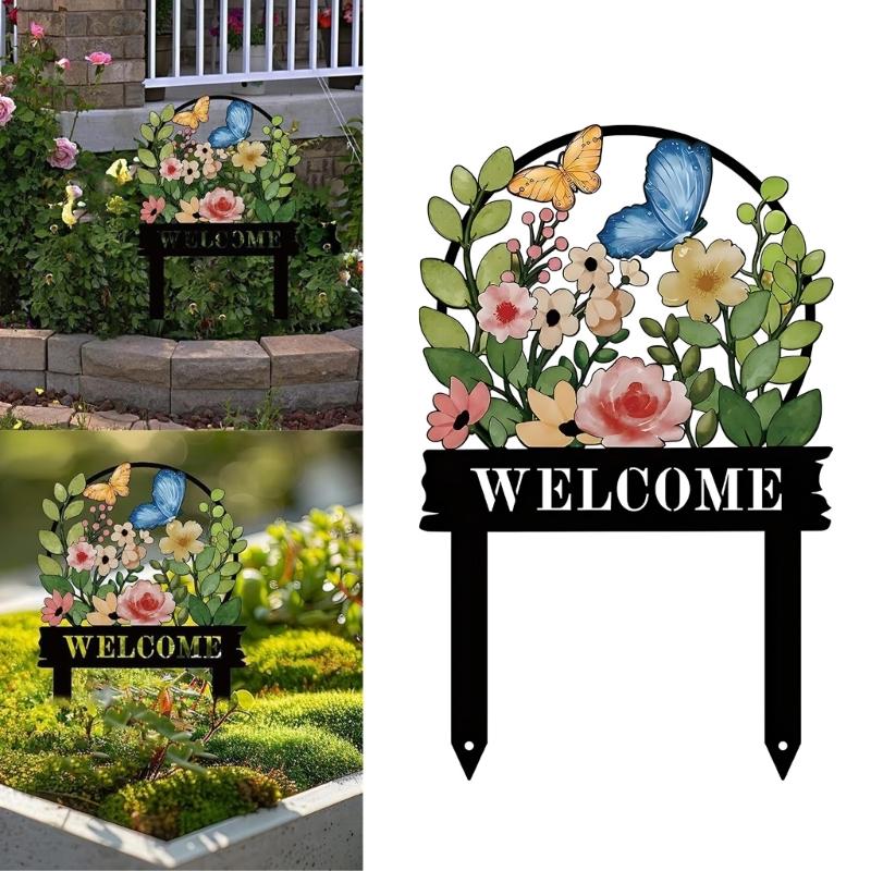 Iron Garden Welcome Sign with Twin-Pointed Soil Insert, Outdoor Metal Stake for Yard, Lawn and Flower Bed Placement Display Use at Home