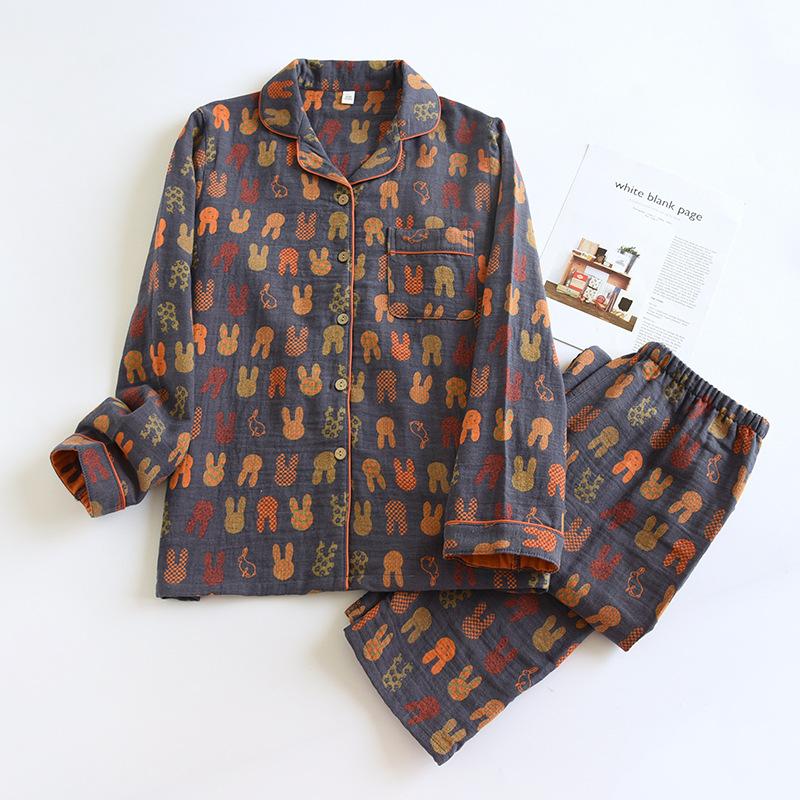 

2026 New Spring and Summer Women s Pajamas Suit Long-sleeved Trousers Two-piece 100% Cotton Crepe Flower Leaves Home Clothes M