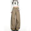 Khaki American sweet cool tooling style high waist wide leg jeans women loose drape lazy babes mopping pants cotton