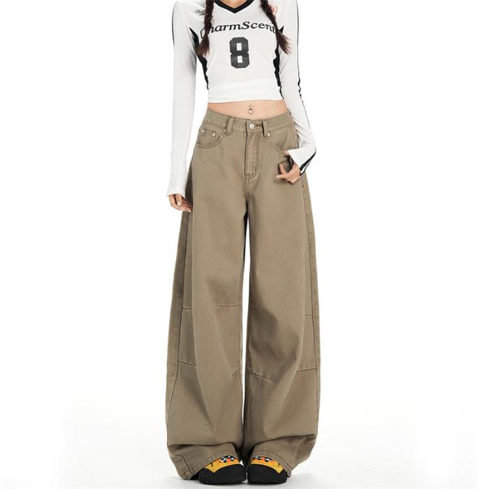 Khaki American sweet cool tooling style high waist wide leg jeans women loose drape lazy babes mopping pants cotton