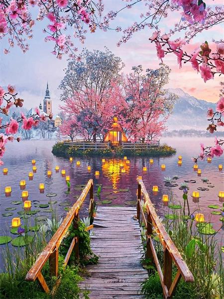 Full Square Round Diamond Painting Kit Cherry Blossoms Tree Diy Embroidery Mosaic Building Landscape Home Decor