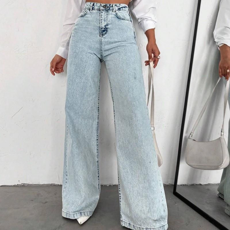 Womens High-Waisted Straight Leg Wide Fit Denim Jeans Water Washed Cotton Blend Comfort Casual Trousers