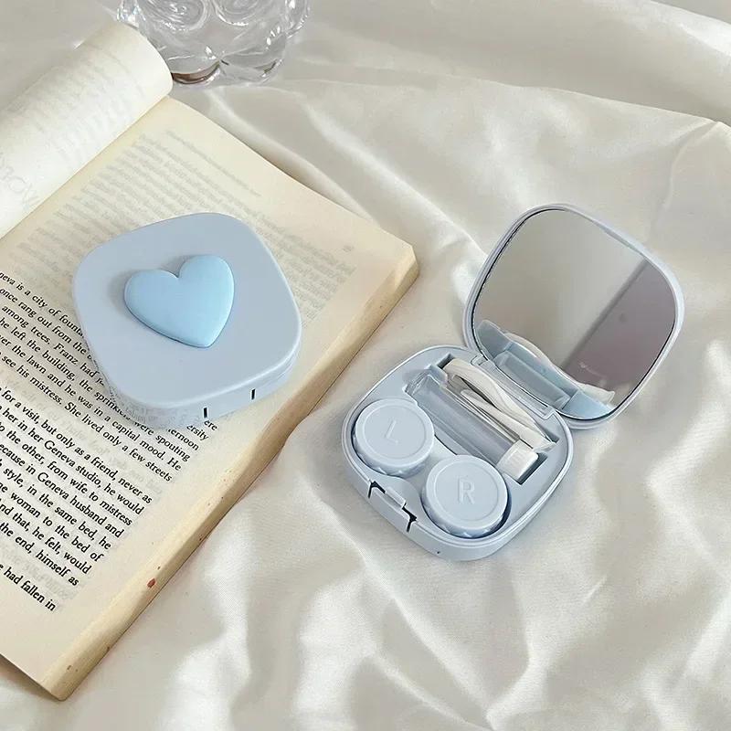 Women Colored Heart Contact Lens Case with Mirror Pink Eyes Care Contact Lens Container Travel Eyewear Accessories Organizer