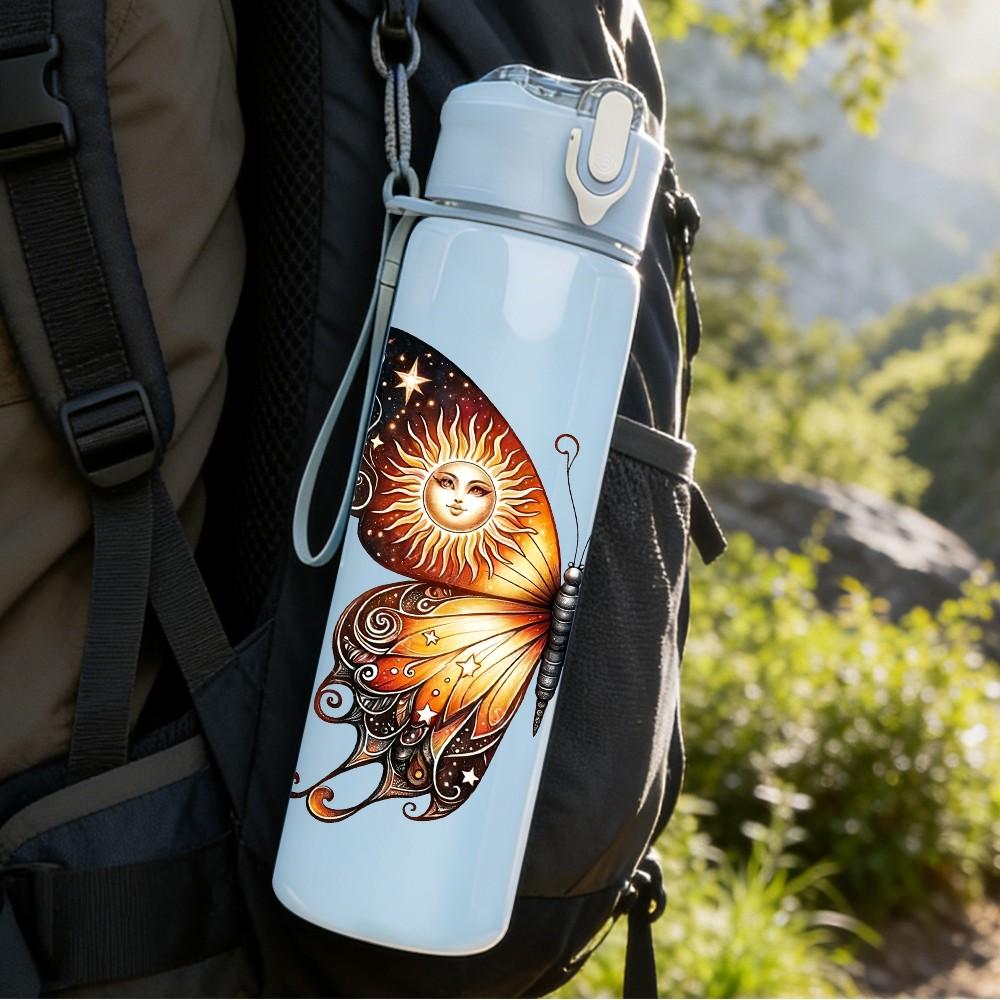 1PC Bright Color Butterfly Wing Print 750ml Color Plastic Sports Water Bottle Leakproof Flip Straw Lid Suitable for Sports Office Home Use