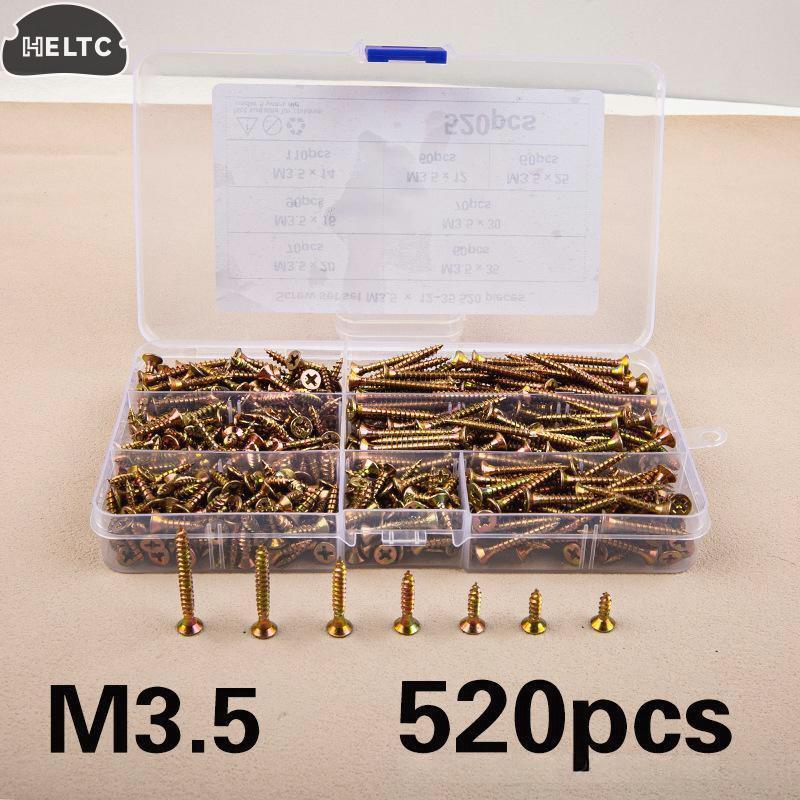 520Pcs M3.5 Countersunk Head Self-Tapping Screws Kit Color Galvanized Screw Set For Woodworking Industrial Home Decoration