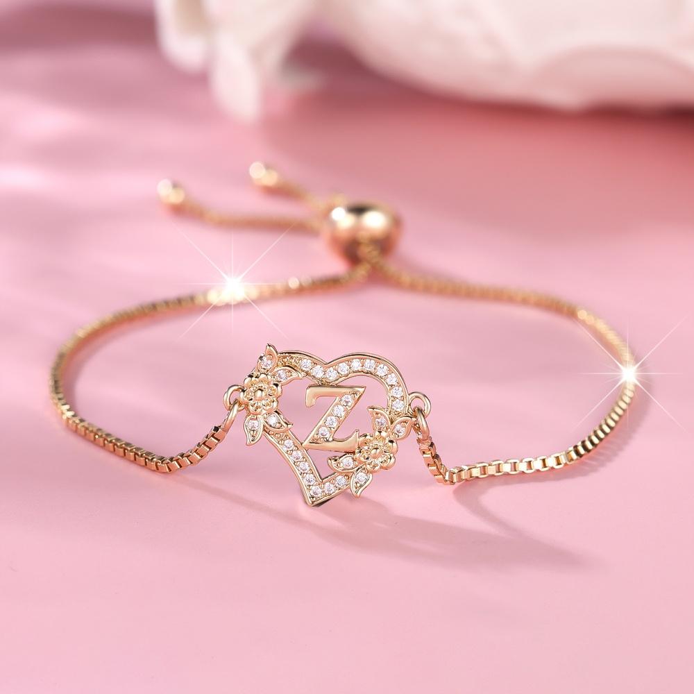 

A-Z Letter Female Zircon Stone Flower Bracelet Cute Gold Color Adjustable Wedding Jewelry For Women