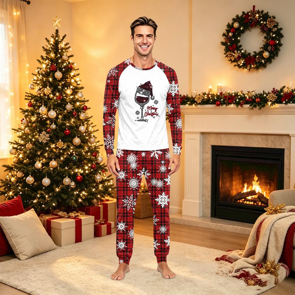 Matching Family Christmas Print Long Sleeve Round Neck Set for Parents and Kids