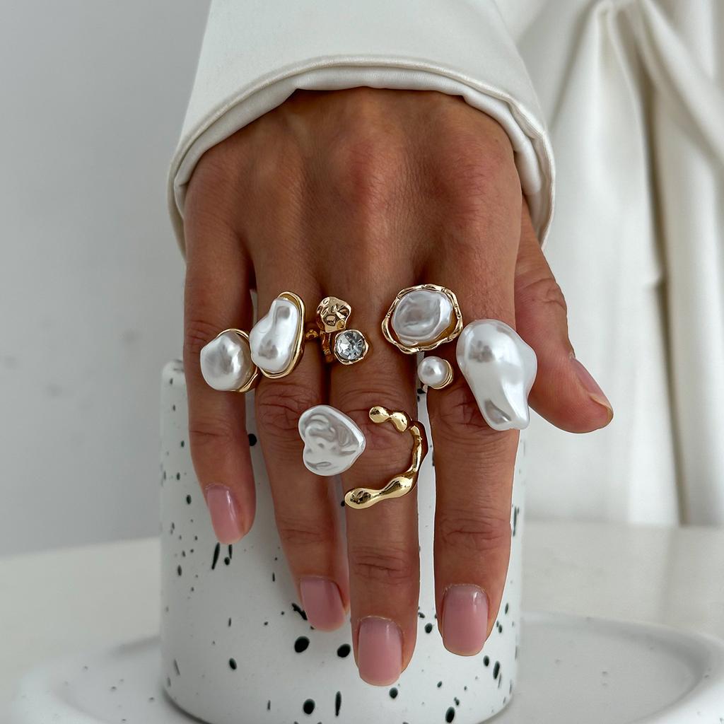 Design Sense Liquid Metal Glossy Ring Set, Baroque Imitation Pearl Open Ring