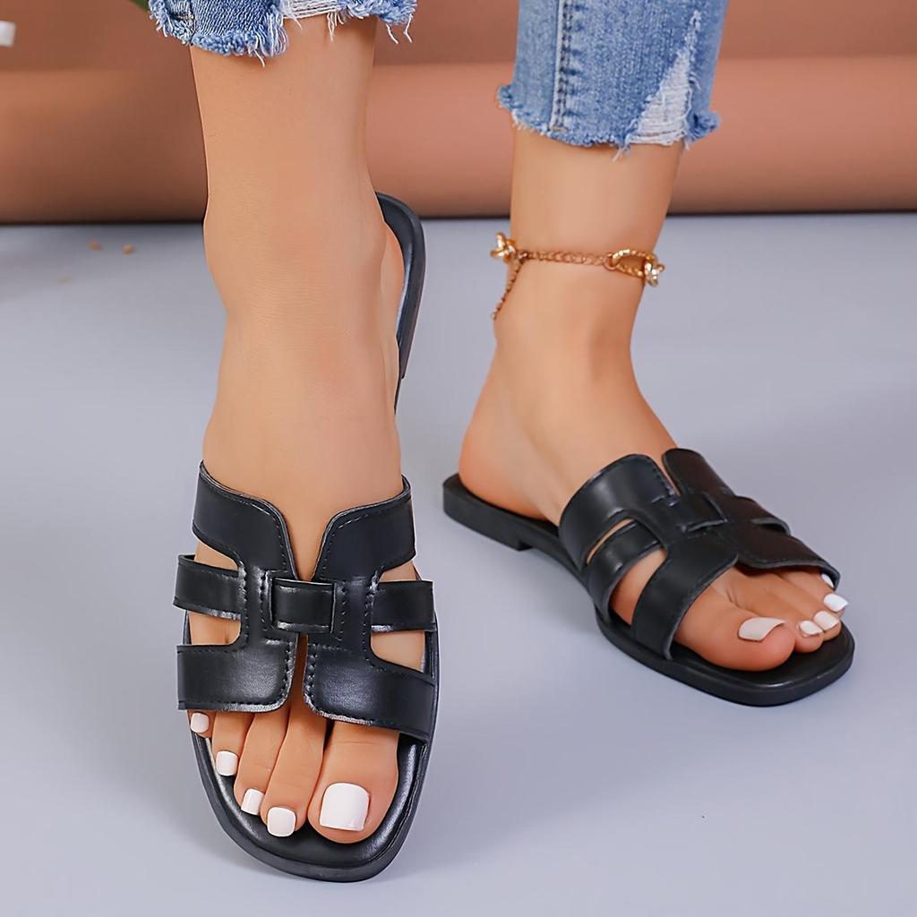 Women's Summer Flat Slides, Solid Color Lightweight Outdoor Shoes, Casual Beach Slide Shoes
