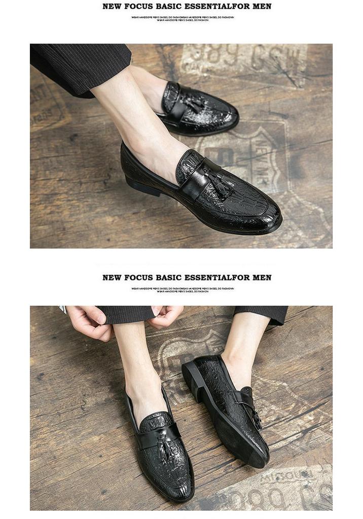 Men's Casual Leather Tassel Loafers, Size 48 - British Style Crocodile Pattern Slip-ons for Autumn