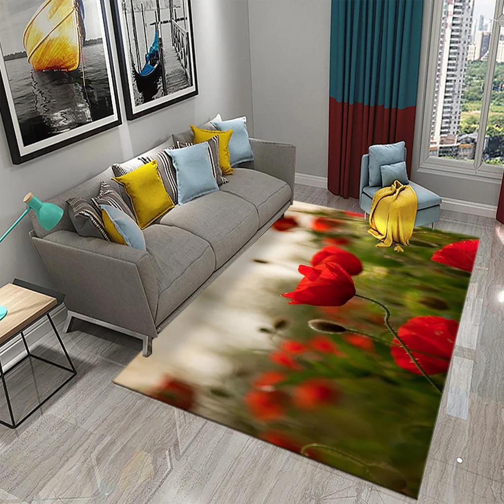 Poppy Red Flowers Carpet for Kitchen Floor Mat Bedroom Living Room Bedside Decor Area Rug Hallway Carpet Home Entrance Doormat