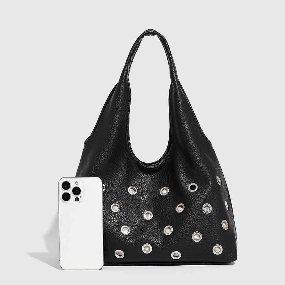 Punk Rivet Women Shoulder Bag Soft PU Leather Tote Bags for Women Handbag Half Moon Hollow Studded Shopper Tote Bucket Bags