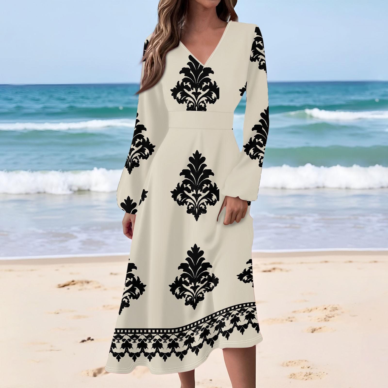 

Женское повседневное модное платье с ретро-принтом, V-образным вырезом, длинными рукавами и завышенной талией XXL хаки