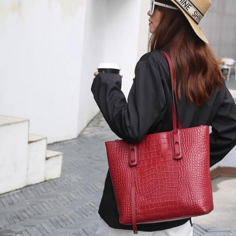 Genuine Leather Tote Bag Women's Korean Version Simple Crocodile Print Top Layer Cowhide Handbag Shoulder Bag