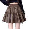 Spring Plus Size Coffee PU Leather High Waist Pleated A-line Skirt for Women