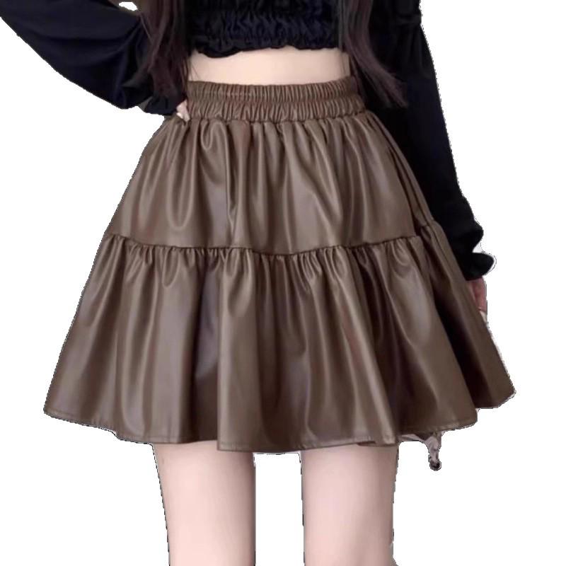 Spring Plus Size Coffee PU Leather High Waist Pleated A-line Skirt for Women