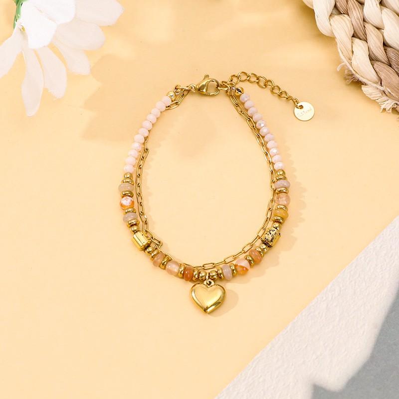 Boho Style Stainless Steel Double Layer Bracelet With Natural Stone Beads Heart Charm Women