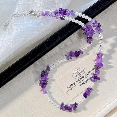Collier Chaîne de Clavicule en Cristal Artificiel Perle Améthyste Naturelle