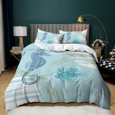 Ocean Animals Cartoon Duvet Cover King/Queen Nautical Coast Bedding Set Seahorse Quilt Cover 3 Piece Set For Boys Girls