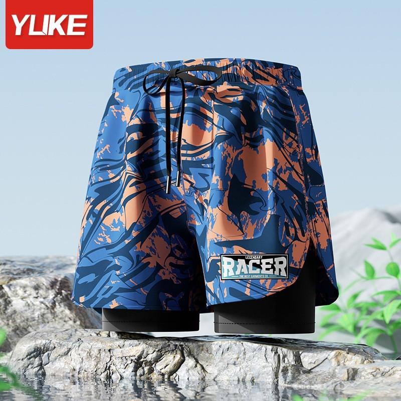 Mens Double-Layered Board Shorts Swim Trunks Beach Swimming Surfing Quick-Dry Anti-Chafe Athletic Swimwear