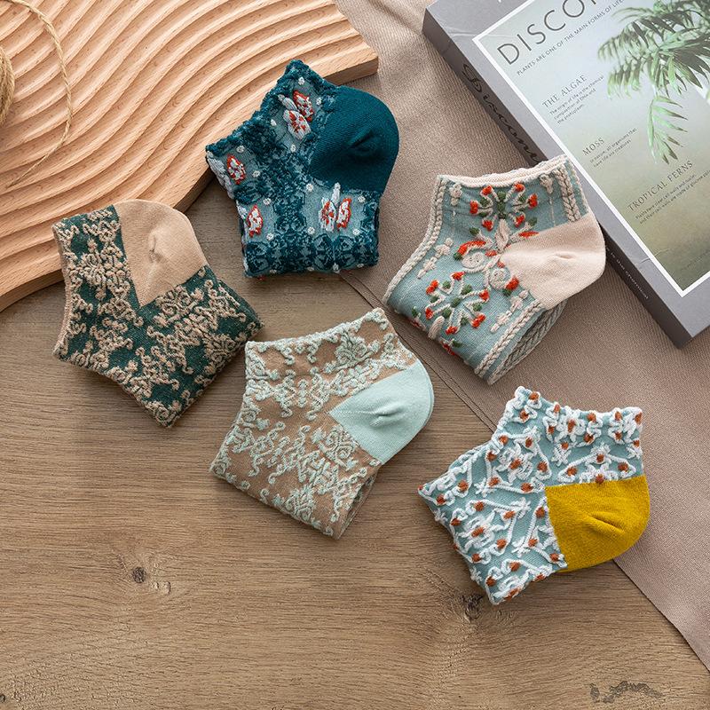 5 Pairs Set Flowers Socks Women Pack Ankle Harajuku Kawaii Cute Cotton Skarpetkie Damski Korea Style Floral Invisible No Show