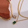 18K Gold Double Layer Snake Chain Necklace with Mini Square Crystal Pendant