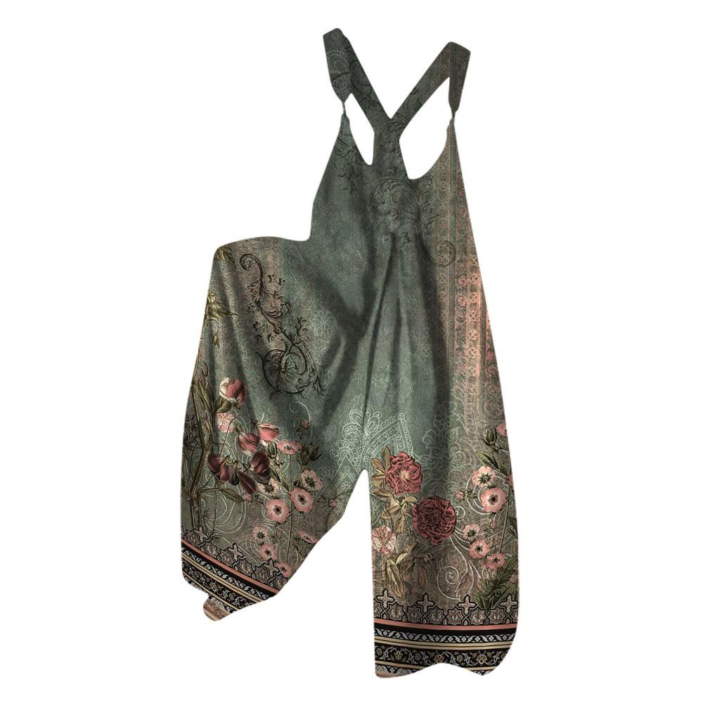 Women's Adjustable Strap Floral Print Overalls Jumpsuit Loose Fit Wide Leg Casual Suspender Pants