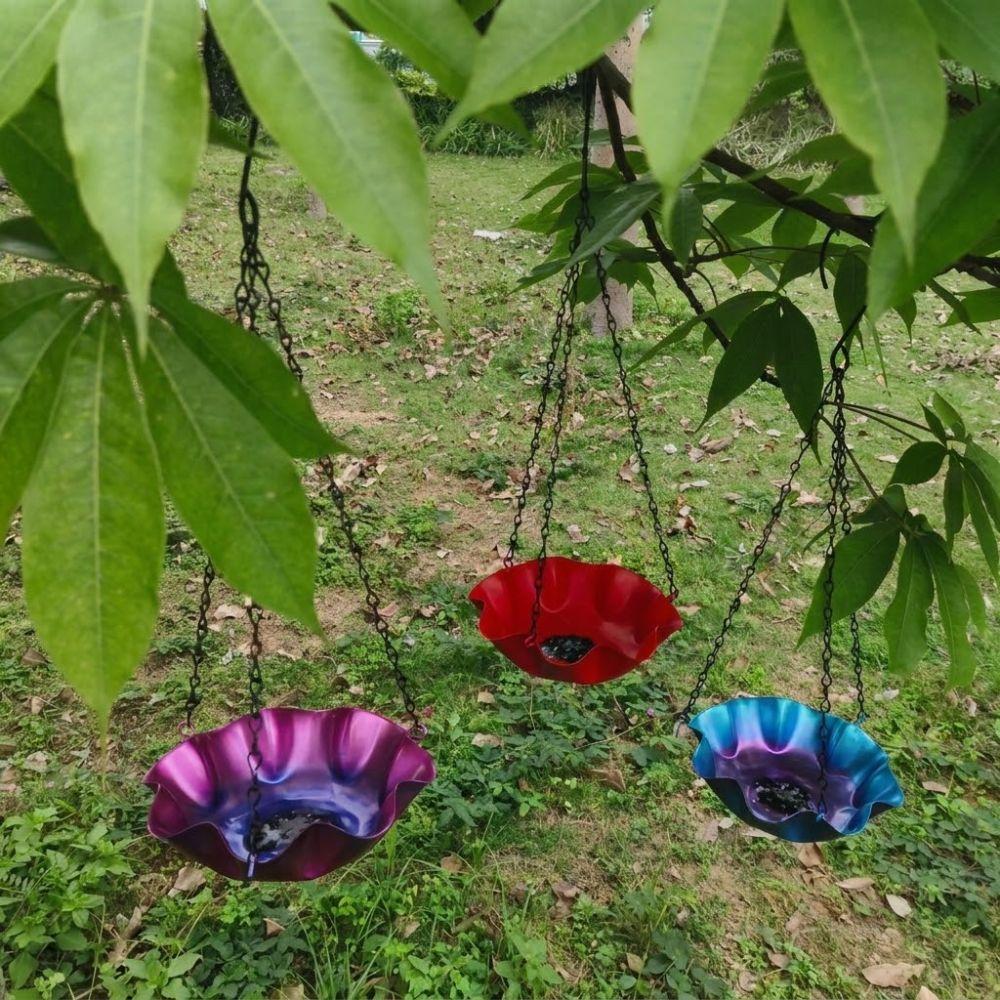 Iron Art Bird Water Feeder Large Capacity Open Bowl Hanging Bird Bath Flower Shaped Adjustable Chain Bird Feeding Tray
