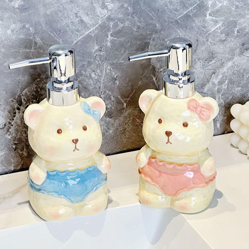 Soap Dispenser Creative Ceramic Bear Lotion Bottle for Household Bathroom Hand Sanitizer Dispensing Bottle with Press Button
