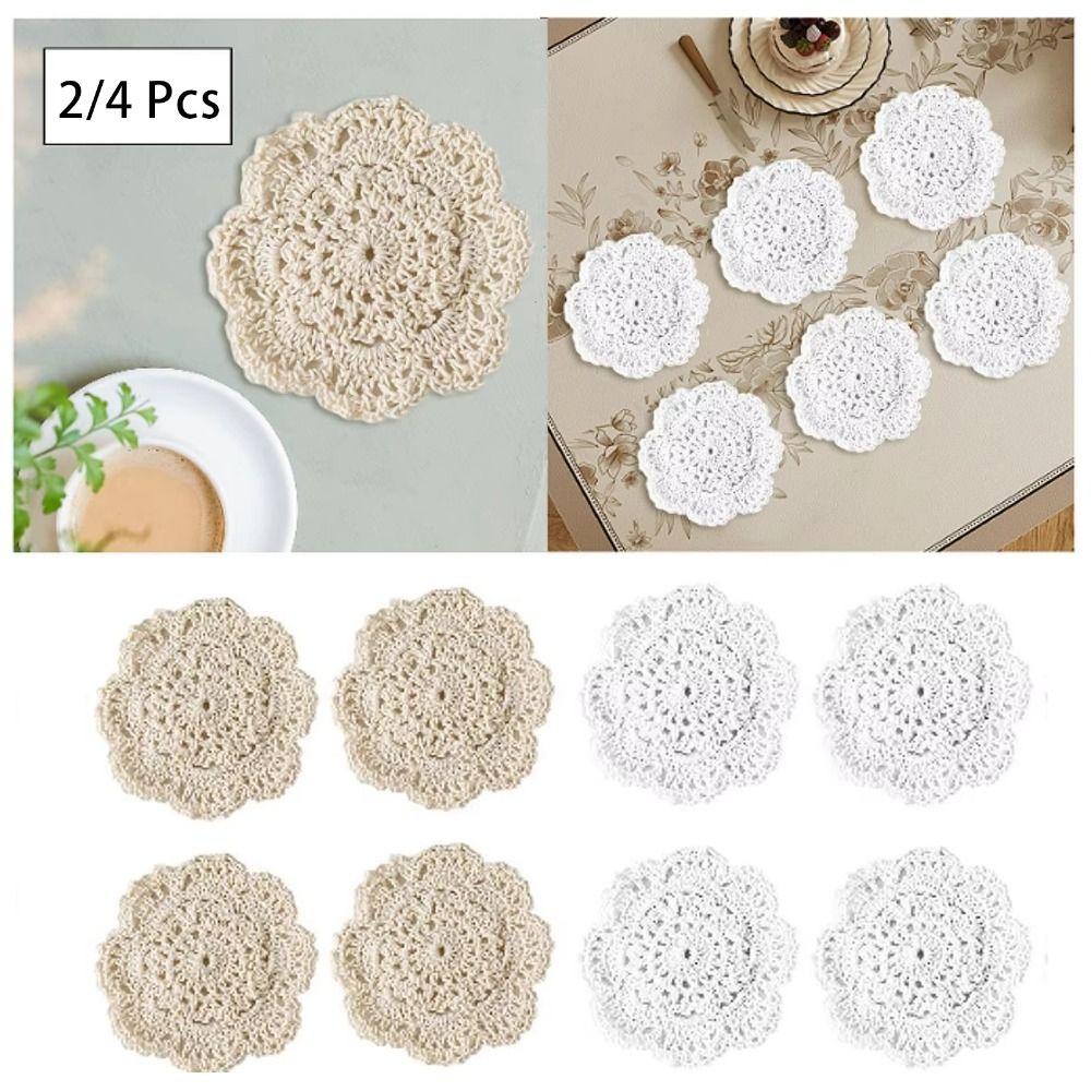 2/4Pcs Bohemian Lace Floral Coasters Vintage Round Woven Placemats Drink Coasters Coffee Table