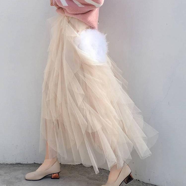 Jupe longue en tulle tutu tendance pour femme, jupe longue, style coréen, taille haute, plissée, noire, rose, printemps-été