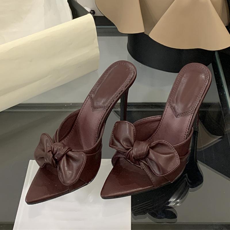

Модные дизайнерские женские шлепанцы Liyke из искусственной ПУ кожи с бантом, модные шлепанцы, сексуальные с острым носком и открытым носком, на тонком высоком каблуке, туфли для вечеринок и выпускного вечера, женские сандалии 40 вино красного