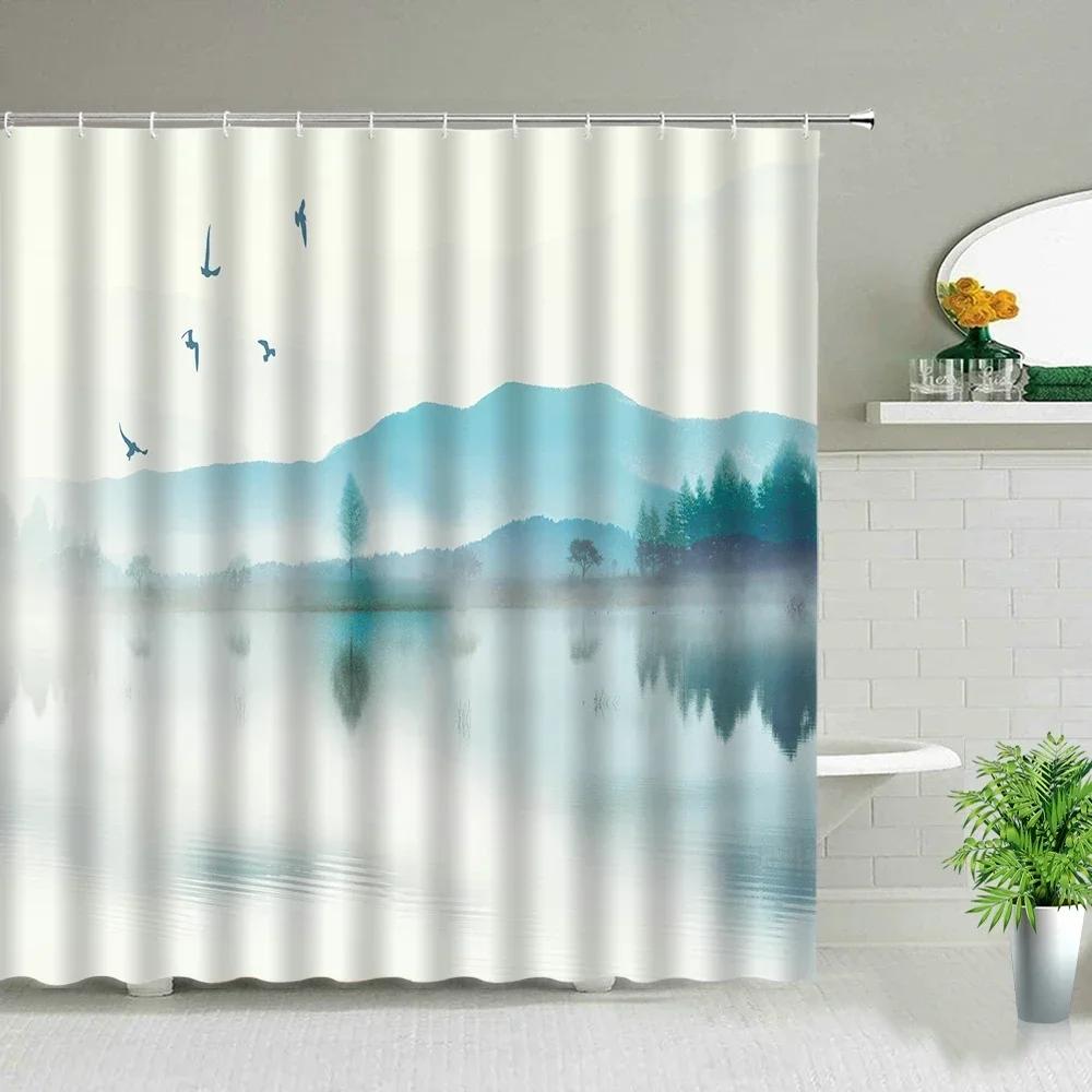 Chinese Style Ink painting Bamboo Landscape Shower Curtain Flower Bird Scenery Bathroom Waterproof Cloth Bath Curtains With Hook