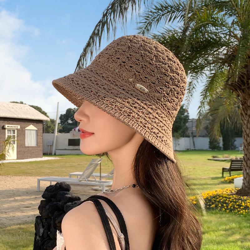 Hat Women'S Knitted Basin Hat Summer Sunscreen Visor Hat Hollowed Out And Breathable, Split Fork Bucket Hat Fashionable And Small Face