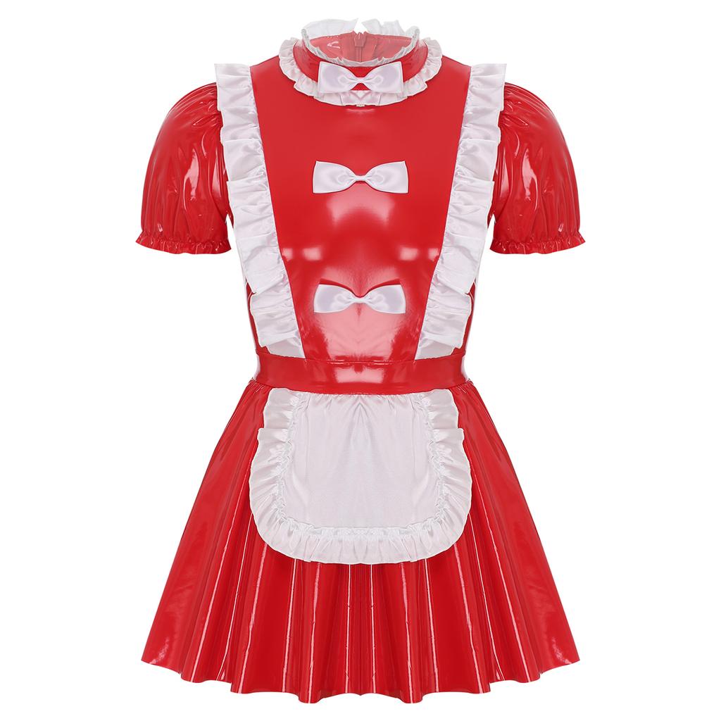 Mens Sissy Maid Dress Ruffles Trims Bow Apron Puff Sleeve A-Line Dress