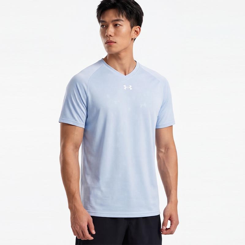 Under Armour V-Ausschnitt Lockerer Schnitt Colorblock Raglan Feuchtigkeitstransportierend Atmungsaktiv Schnelltrocknend Logo-Design Kurzarm T-Shirt Unisex T-Shirts 21500531-441