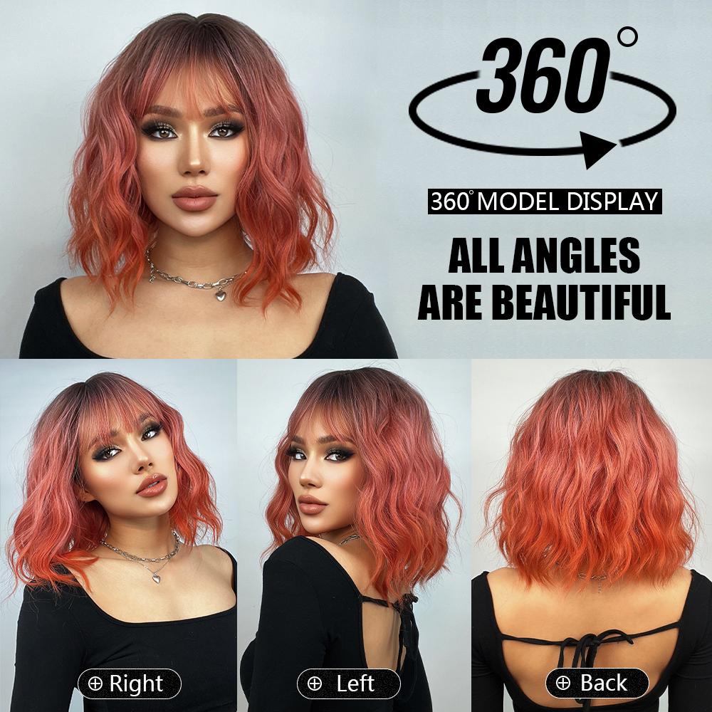 Short Bob Synthetic Wig Ombre Pink Water Wave Hair Wigs For Black Women With Bangs Cosplay Lolita Heat Resistant Natural Hair