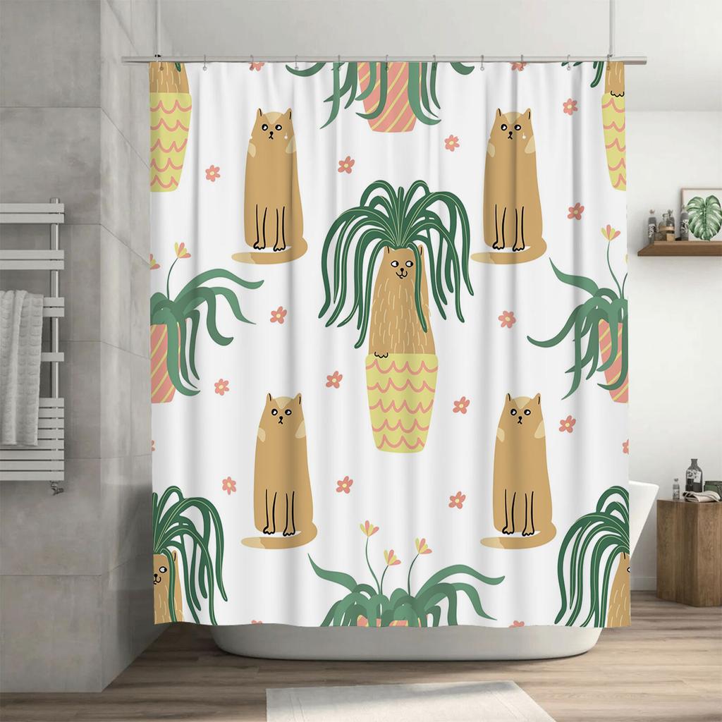Boho Cat Shower Curtain Bohemian Bathroom Decor with Pineapple Potted Plant Print for Kids Bathrooms White Fabric Waterproof Han