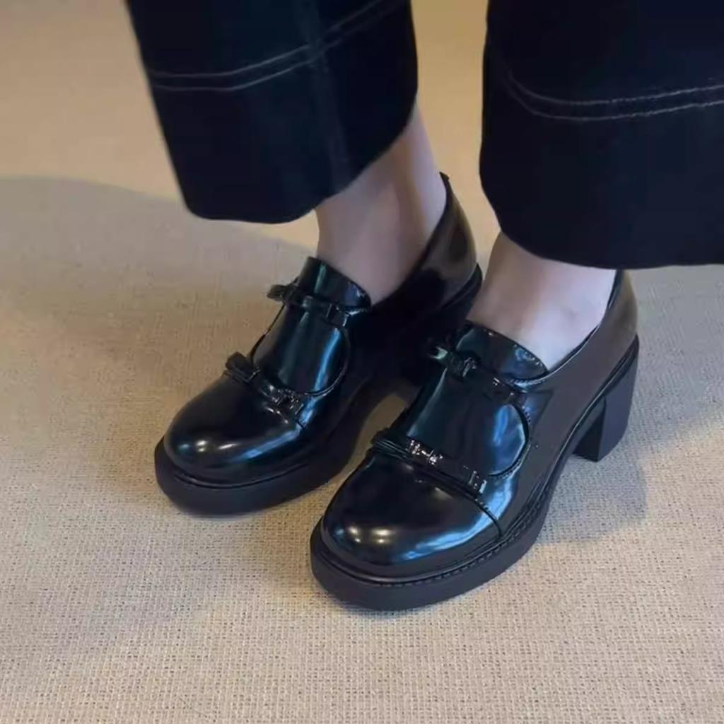 Cowhide version~ leather bow small leather shoes women's British style one-pedal high-heeled French single shoes platform loafers