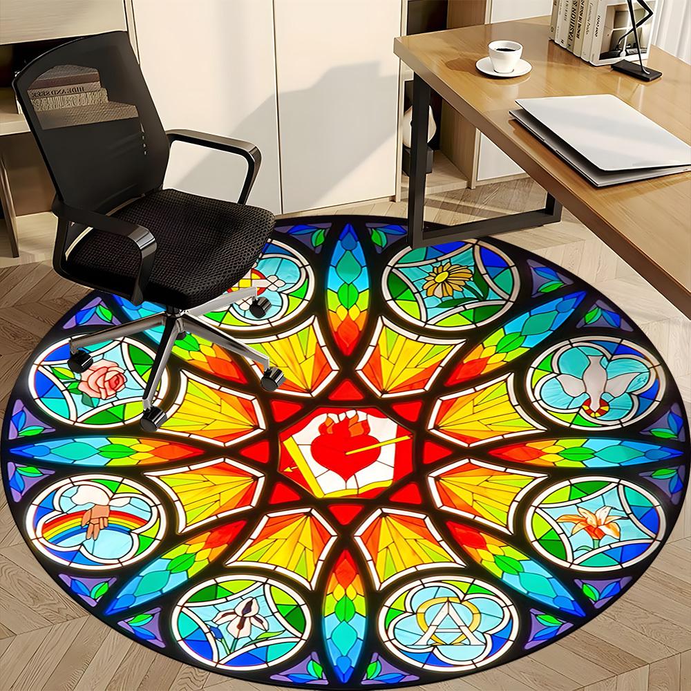 1pc Stained Glass Window Chair Carpet for Office, Round Polyester Mat, Indoor Decor for Office, Easycare Fabric, Washable Non-slip Area Carpet