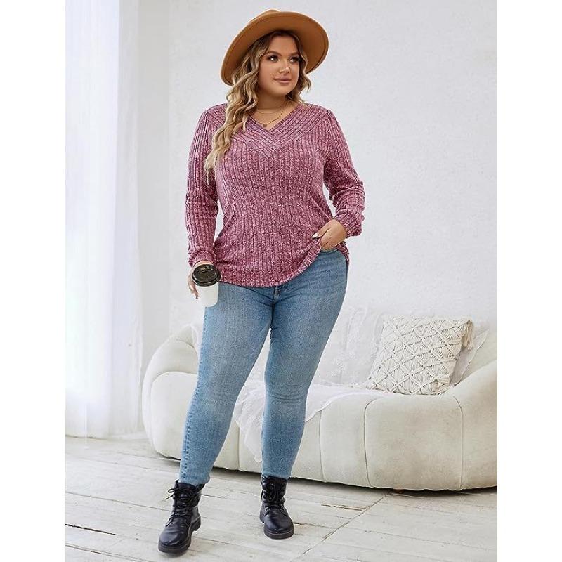 Autumn New Women's Plus Size V Neck Sweater Loose Casual Long Sleeved Blouse