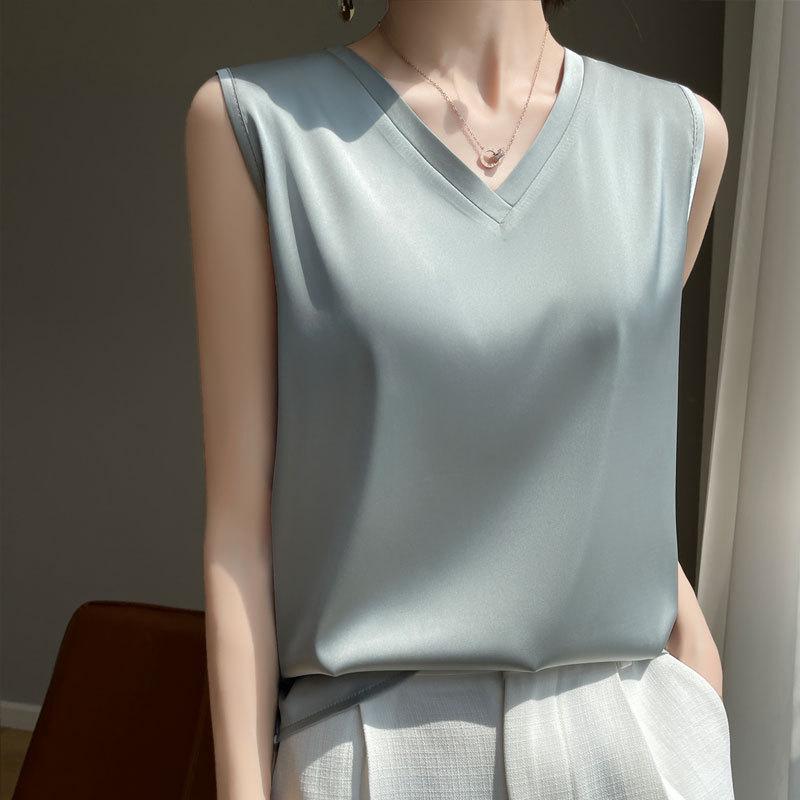 

Женская майка без рукавов с V-образным вырезом из ледяного шелка большого размера - Летняя свободная посадка 2XL тил зеленый