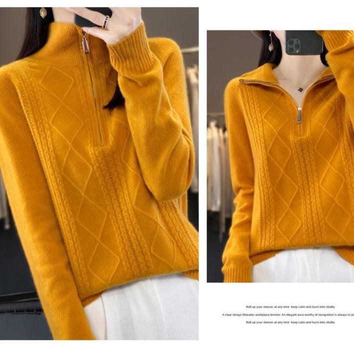 Autumn Winter Women's Stand Collar Sweater Solid Color Pullover Sweater Knit Top